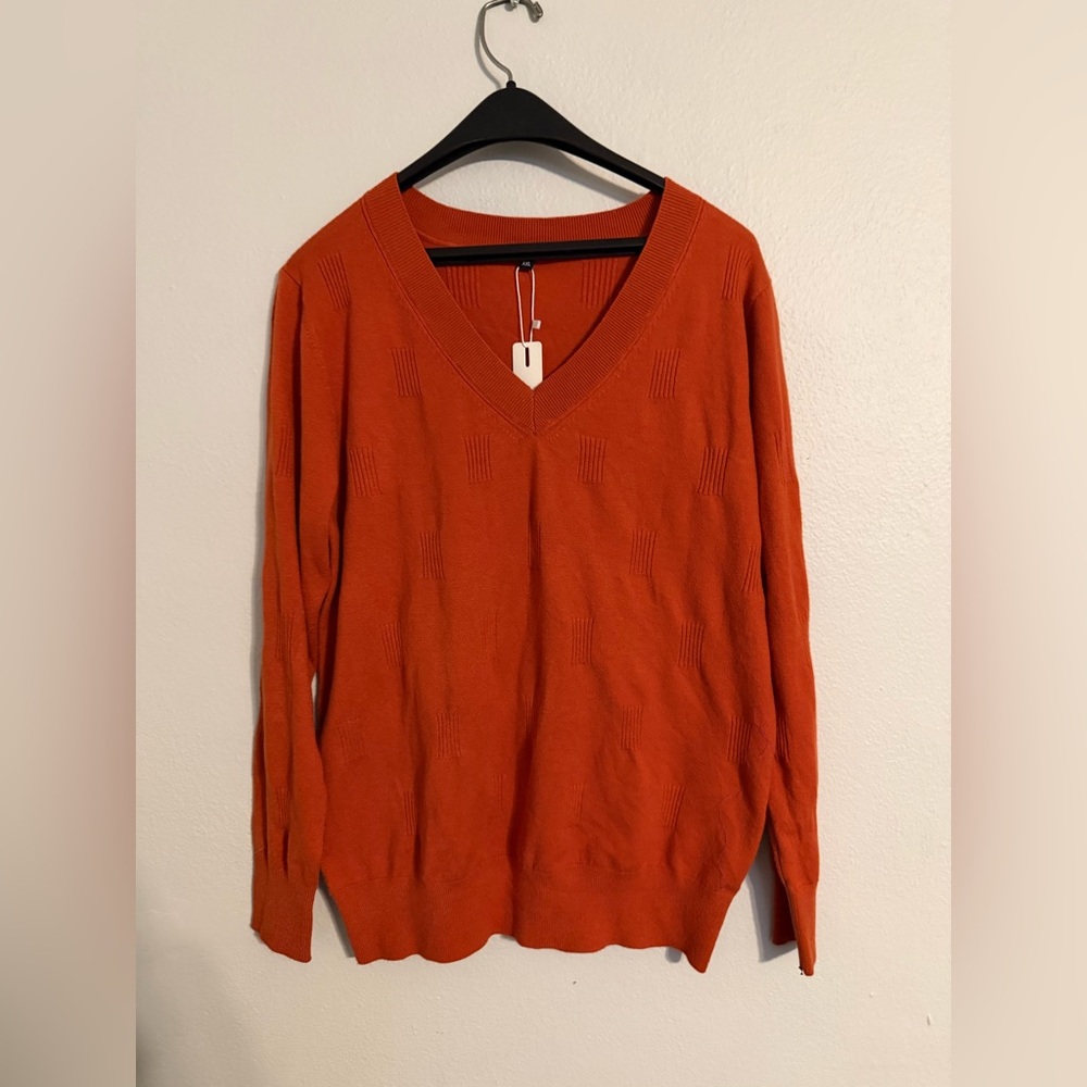 NWT Arach & Cloz Orange Cozy Clouds V-Neck Sweater Ribbed Block Pattern XXL